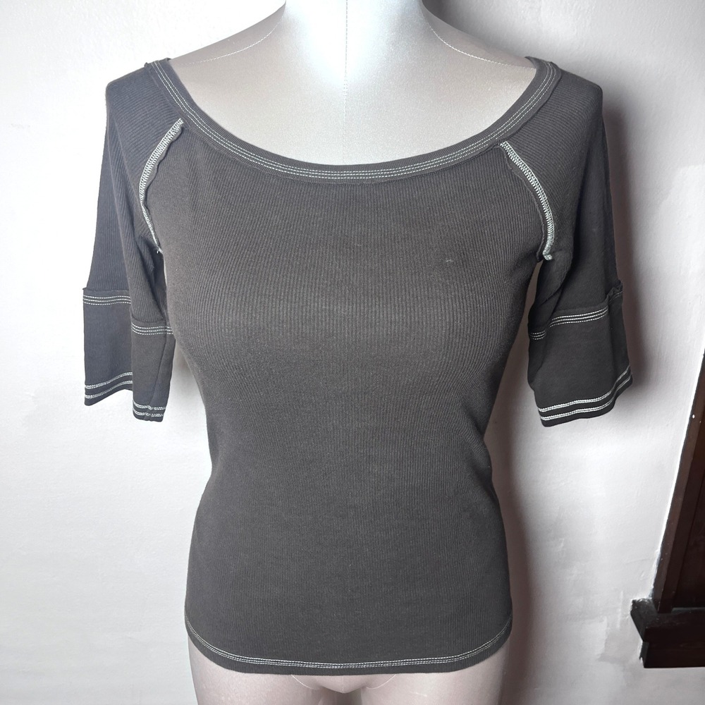 VS Tee Shop Chocolate Brown Ribbed Contrast Stitch Scoop Neck Top Medium Y2K